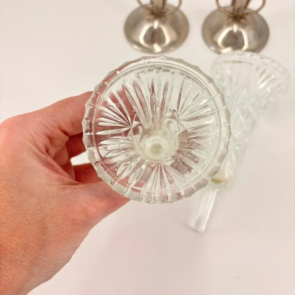 Vintage Cut Glass Candle Holders Pair Silver Tone Art Deco Wedding‎ Decor